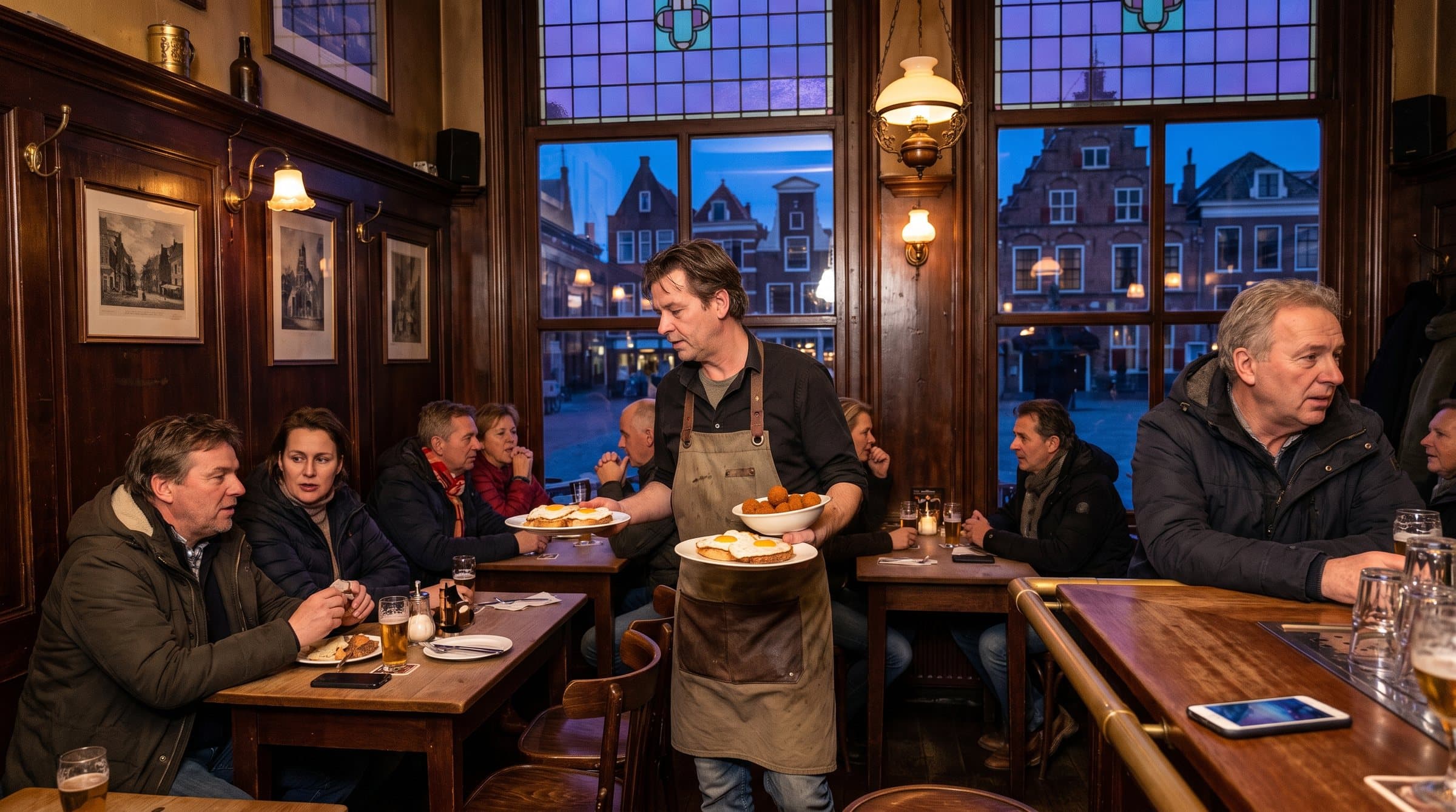 Ober met borden in een bruin café in Haarlem, de trapgevels van de Grote Markt achter de glas-in-loodramen